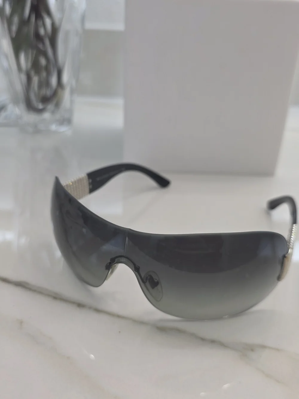 Bvlgari Black Gradient Shield Sunglasses with Silver Accents